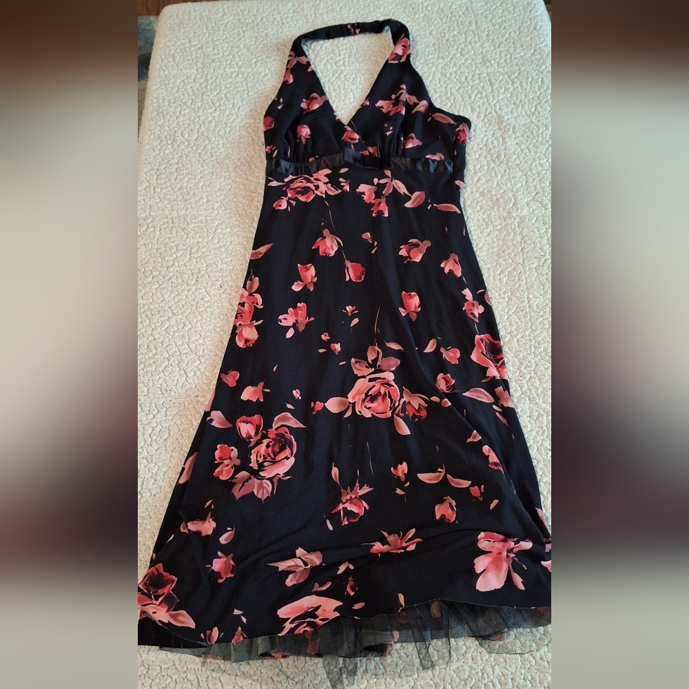 Be darling halter dress size 5/6 black with pink floral